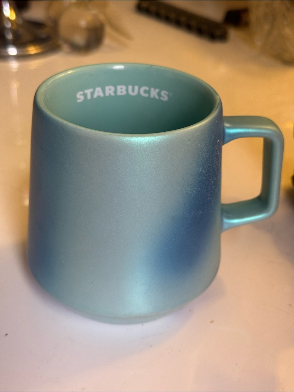 Starbucks iridescent Teal Blue Ceramic Coffee Cup 2021 Collectible Mug 14 oz